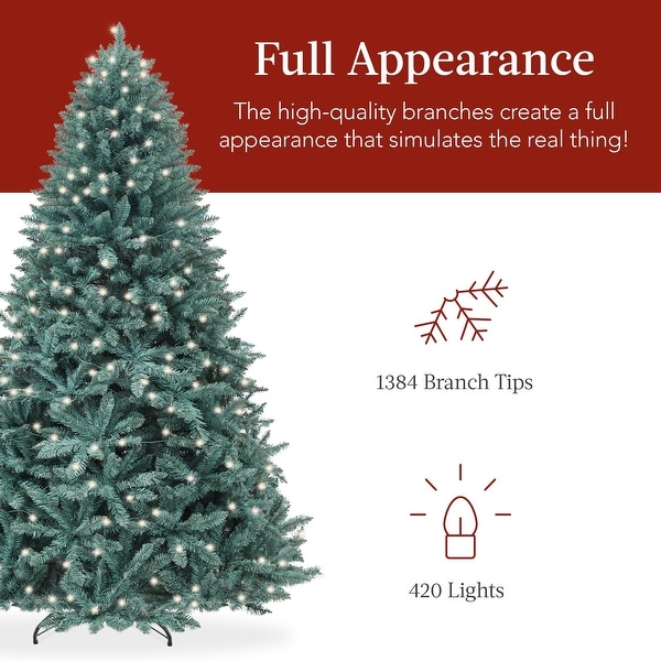 7.5ft PreLit Blue Spruce Christmas Tree，Artificial Full Hinged Decor，Holiday Decoration w/ 420 Warm White Lights，1，384 Tips