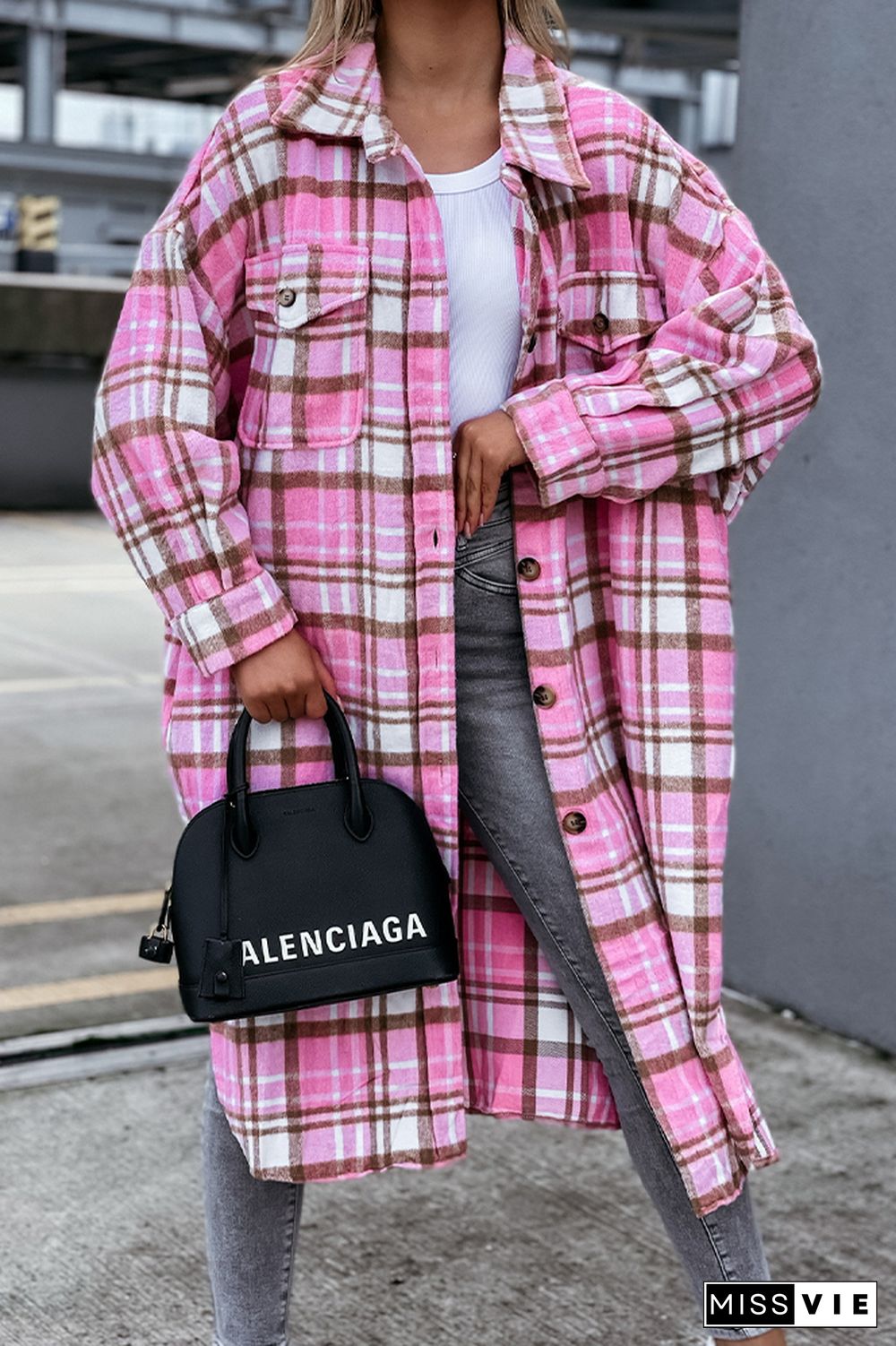 Open Button Pockets Plaid Long Length Jacket