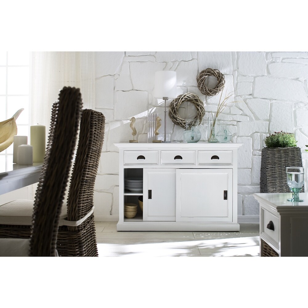 NovaSolo Halifax Coastal White Sideboard with Sliding Doors  Solid Mahogany Frame  49.21 x 19.69 x 33.46