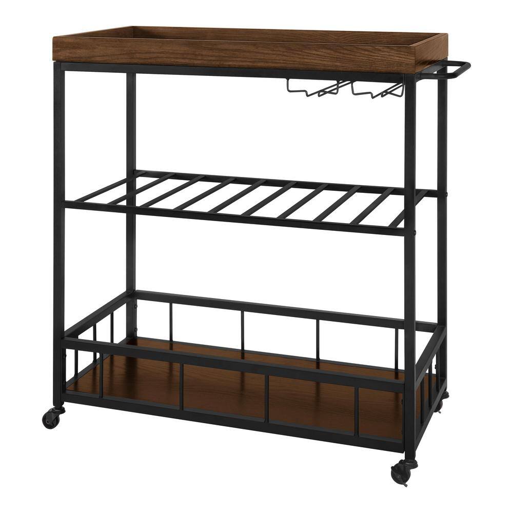 StyleWell Blake Industrial Black Metal Frame Rolling Kitchen Cart with Walnut Tray-Top and Tiered Storage Shelves (35