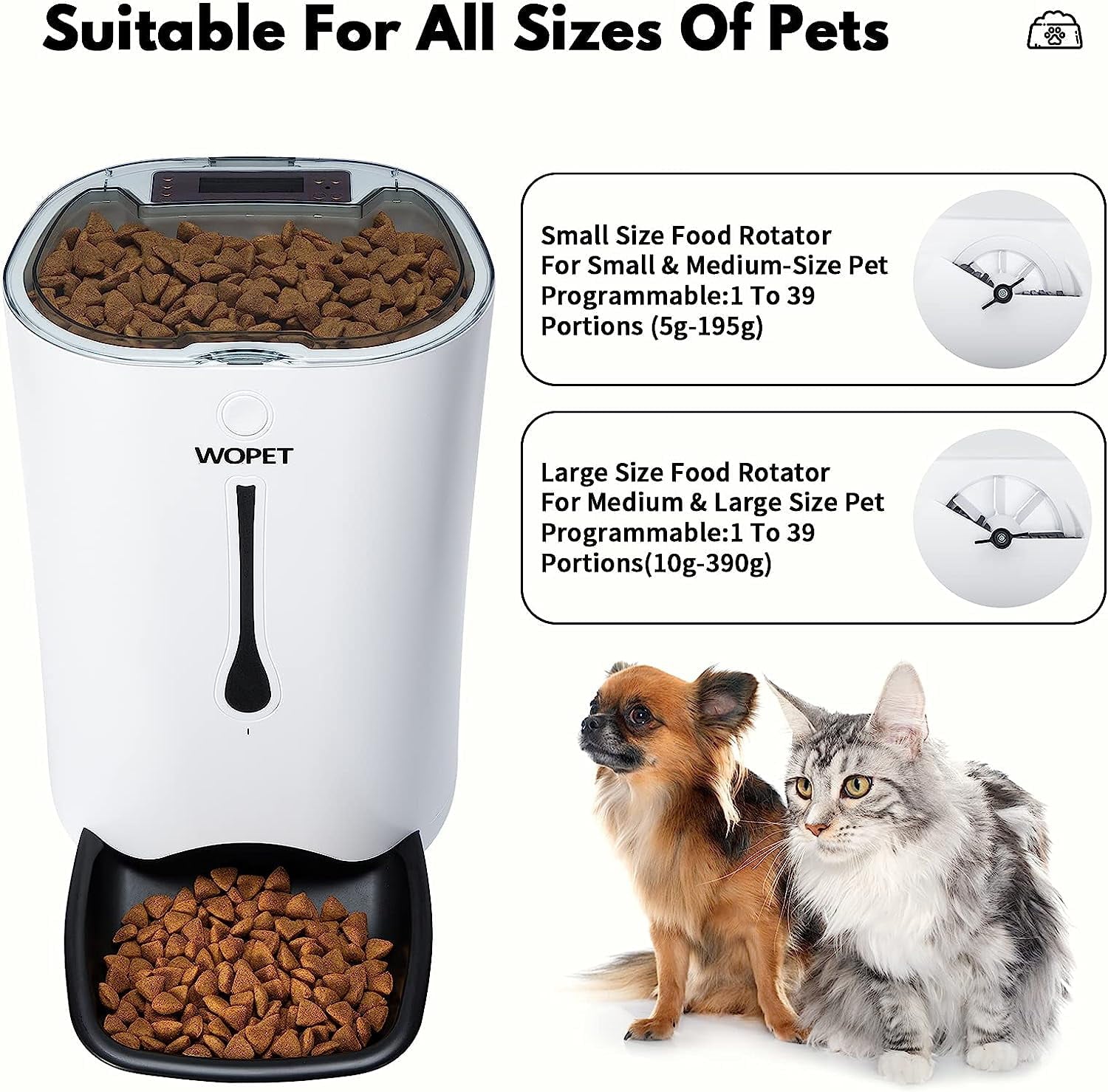 WOPET Automatic Cat Dog Pet Feeder， 7L Pet Food Dispenser， Up to 4 Meals Per Day， Timer Feeder