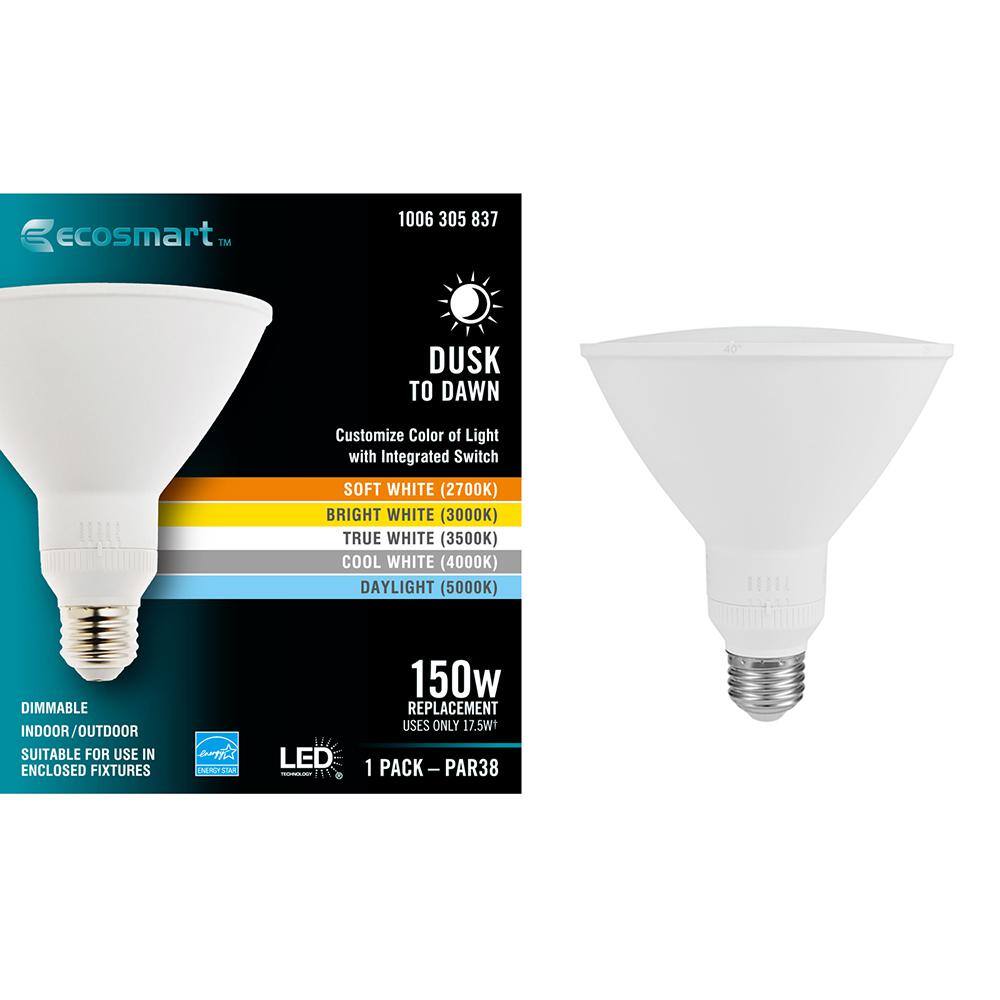 EcoSmart 150-Watt Equivalent PAR38 Dimmable CEC Flood Dusk to Dawn with Selectable Color Temperature LED Light Bulb (1-Pack) G117P38D2D5DUO