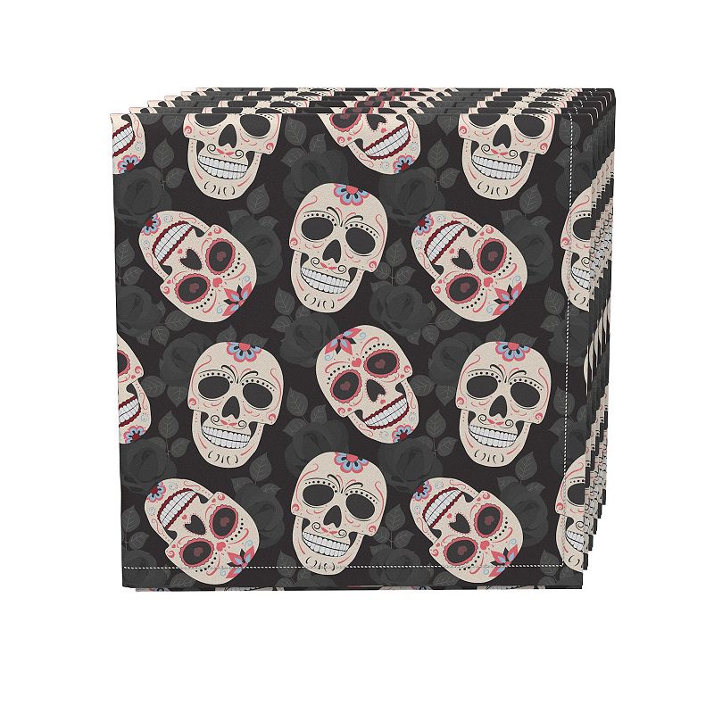 Napkin Set， 100% Polyester， Set of 4， 18x18， Dia De Los Muertes Skulls