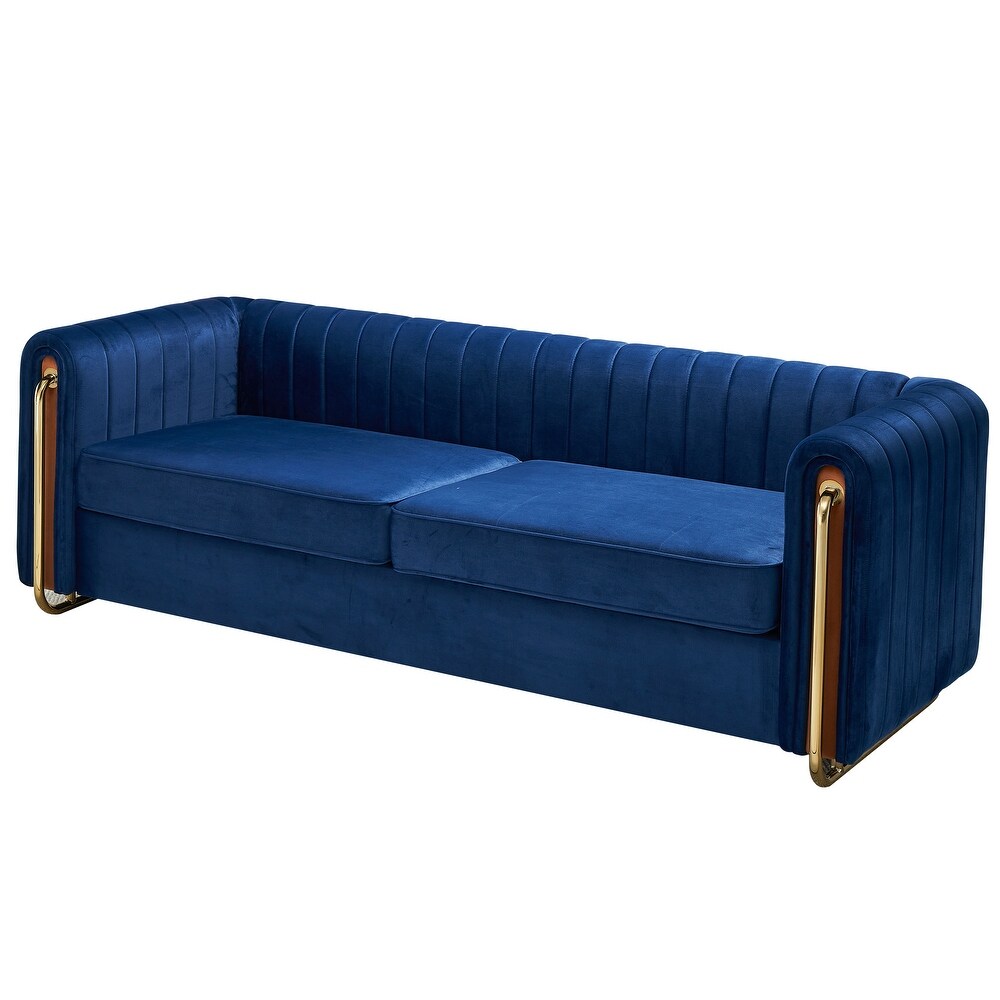 Velvet Low back Tufted Sofa Couch with Removable Cushions  4 Seater Round Arm Sofa with Metal Legs  Living Room Furniture