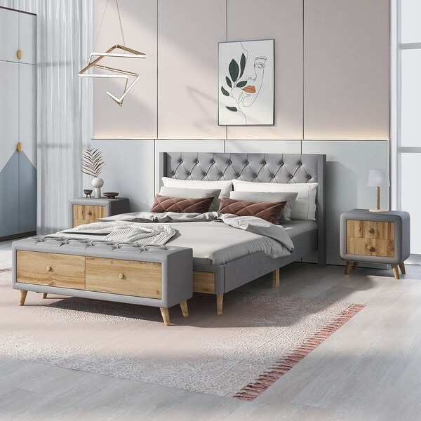 4-Pieces Bedroom Sets Queen Size Upholstered Platform Bed with Two Nightstands and Storage Bench - - 37551476