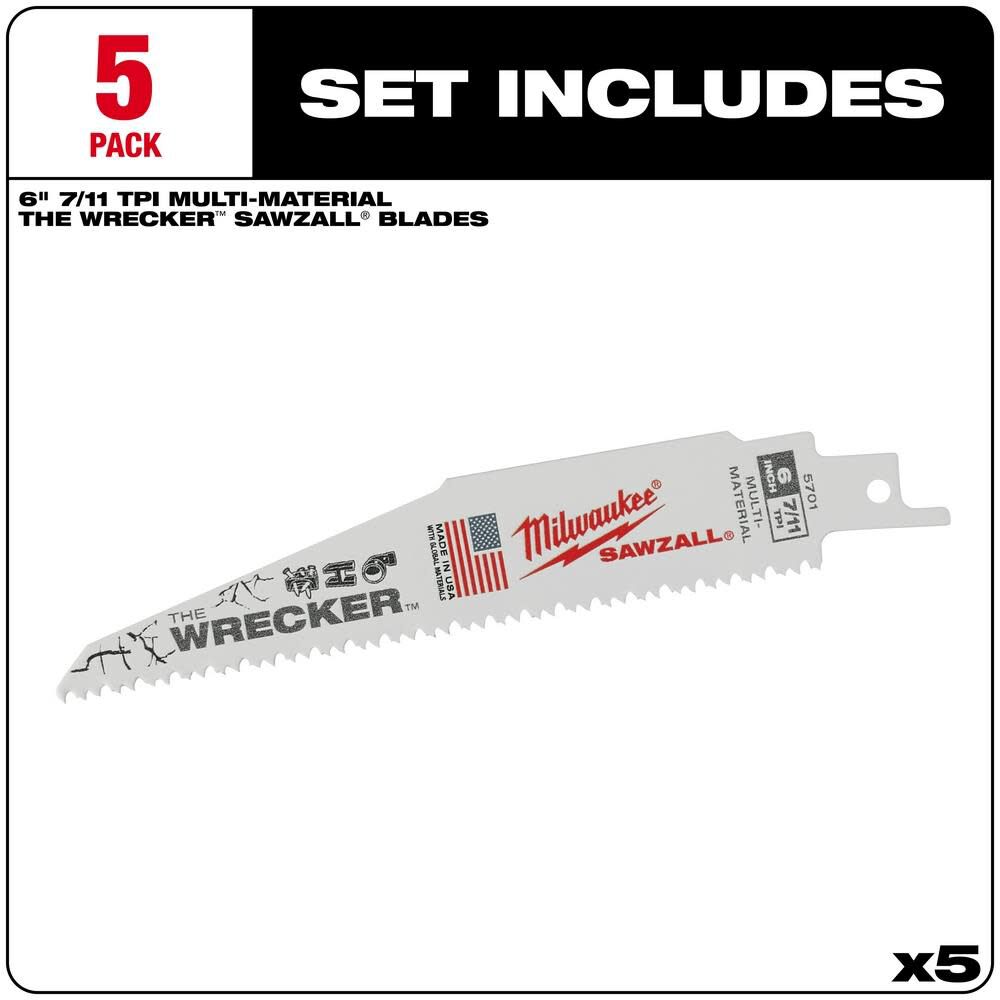 Milwaukee The Wrecker Multi-Material SAWZALL Blade 6 In. 7/11TPI 5 pk 48-00-5701 from Milwaukee