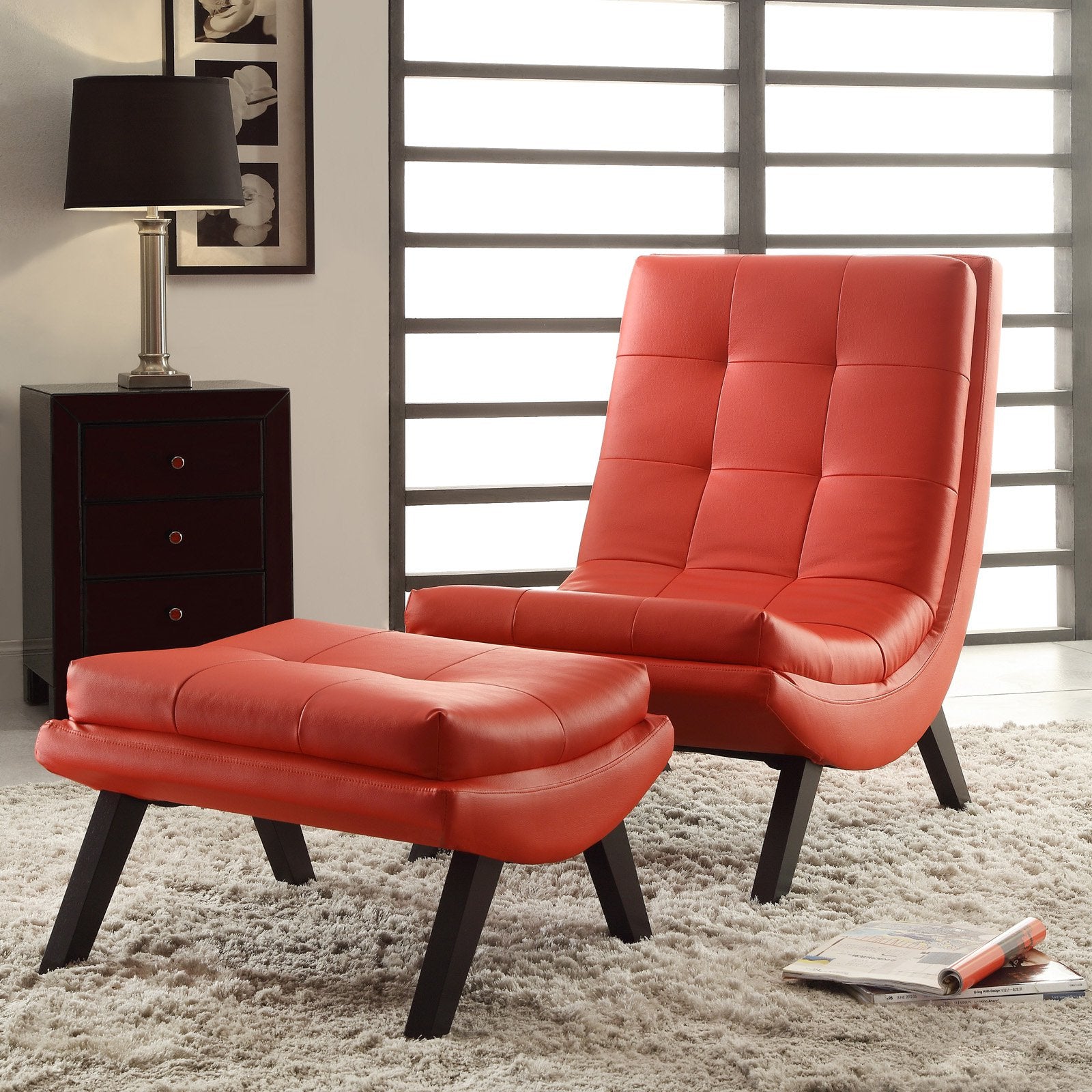 OSP Home Furnishings Tustin Lounge Chair and Ottoman Set With Red Faux Leather Fabric and Black Legs