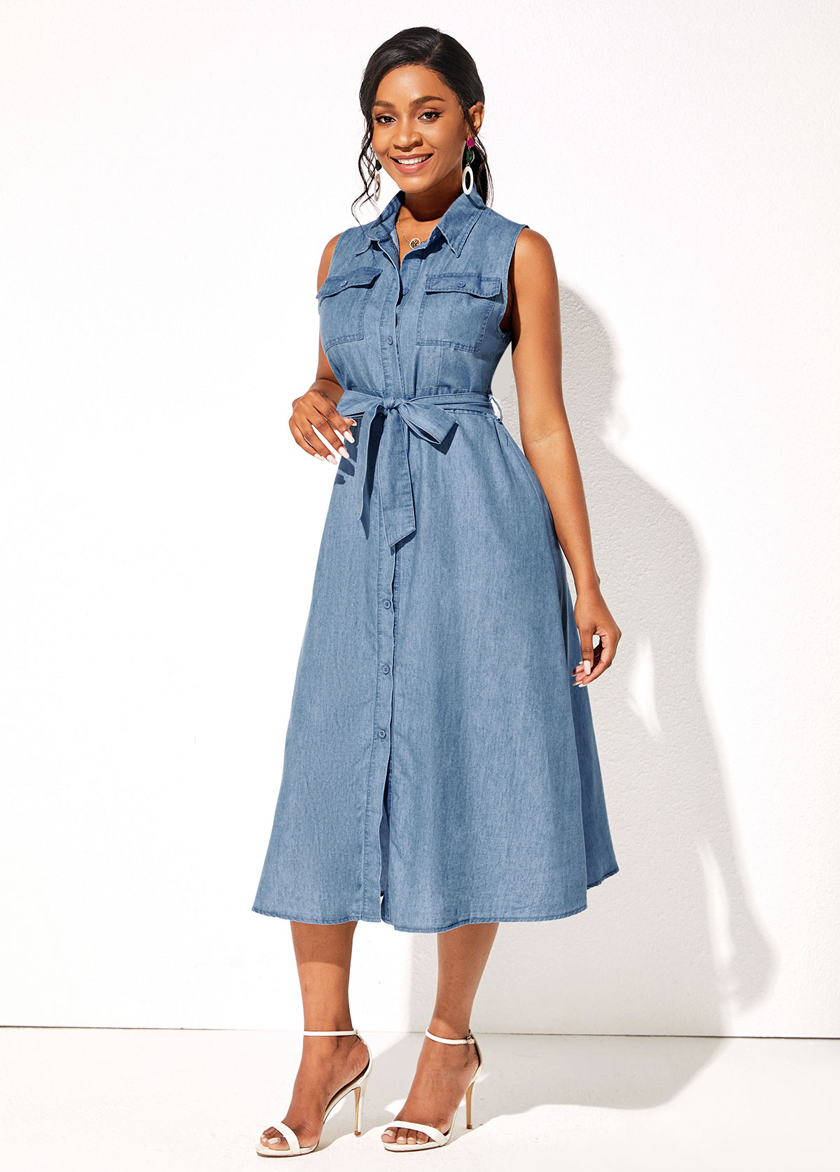 Sleeveless Turndown Collar Demin Button Up Belted Dress