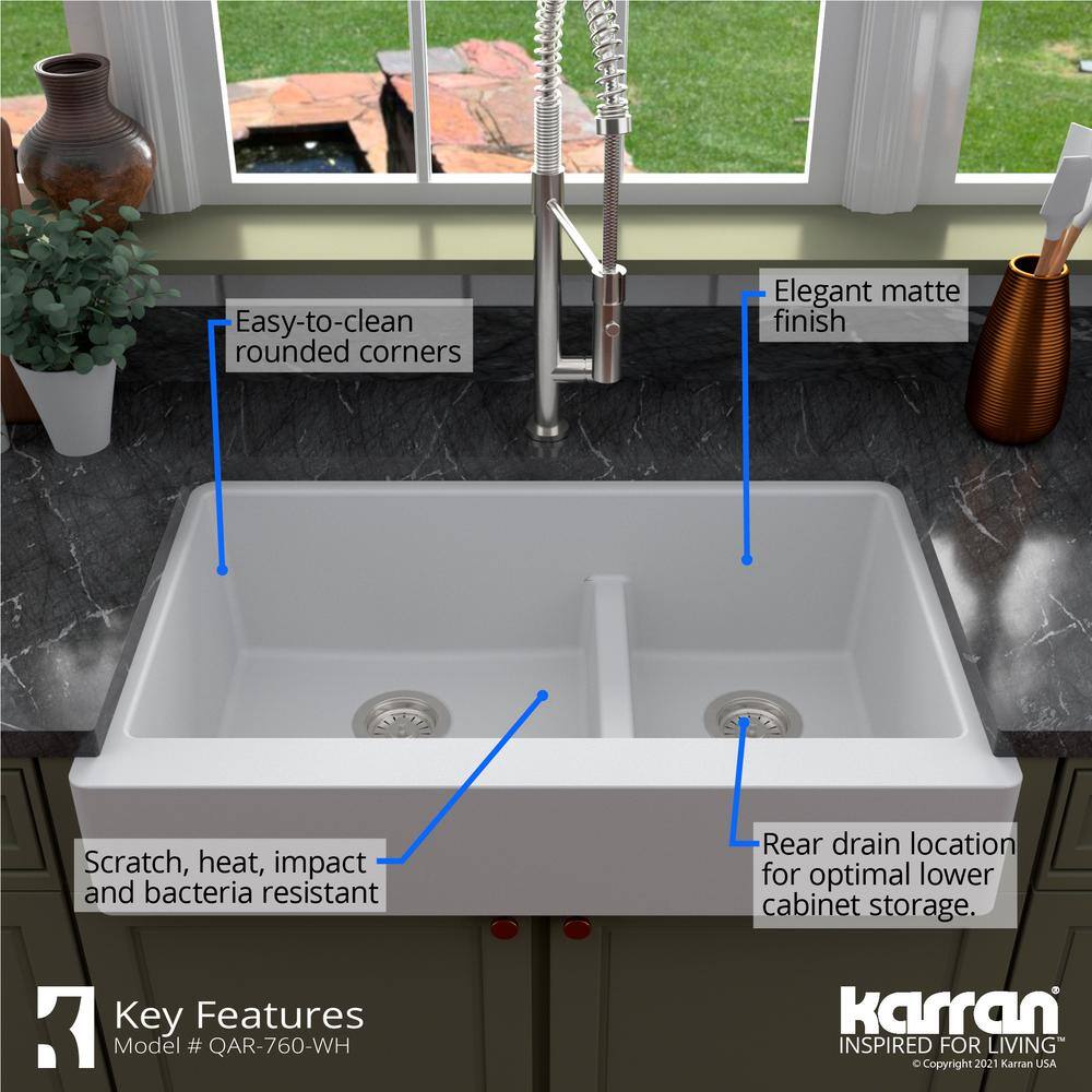 Karran QAR-760 QuartzGranite 34 in. Double Bowl 6040 Retrofit FarmhouseApron Front Kitchen Sink in white wGrid and Strainer QAR-760-WH-PK1