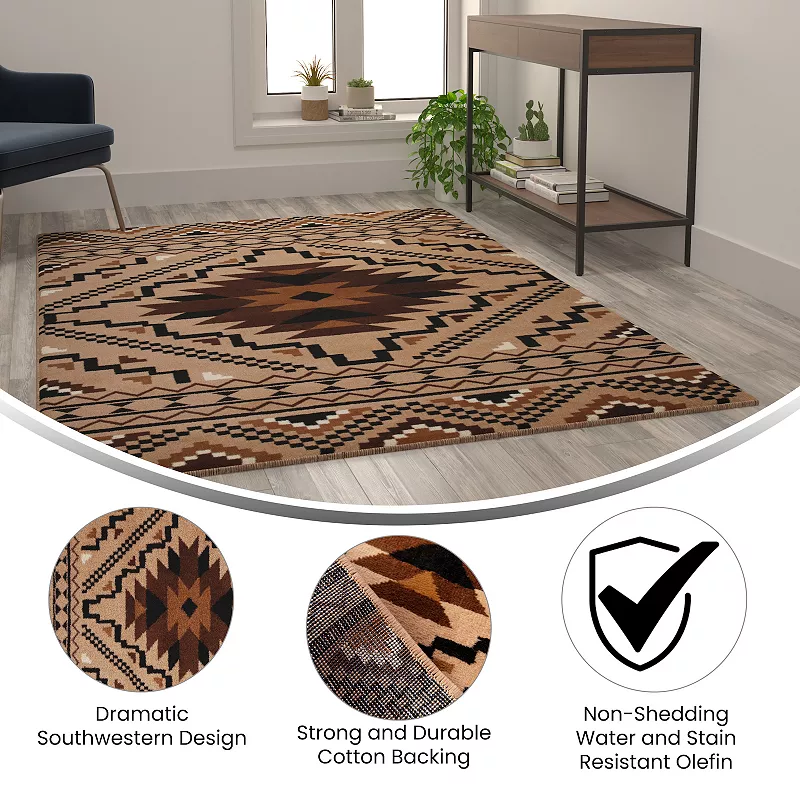 Masada Rugs Winslow Collection 5'x7' Southwestern Print Accent Rug in Brown， Beige and Black with Cotton Backing