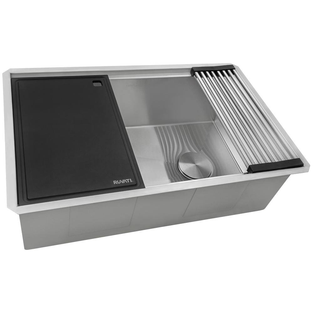 Ruvati Veniso Nova 16 Gauge Stainless Steel 30 in. Single Bowl Undermount Workstation Kitchen Sink Slope Bottom Offset Drain RVH8584