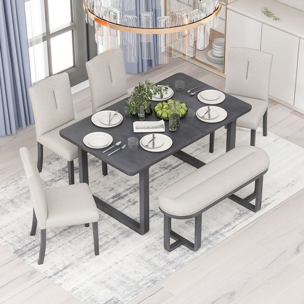 6-piece kitchen table， rectangular dining table， 4 upholstered chairs and benches， foam covered backrest and cushions