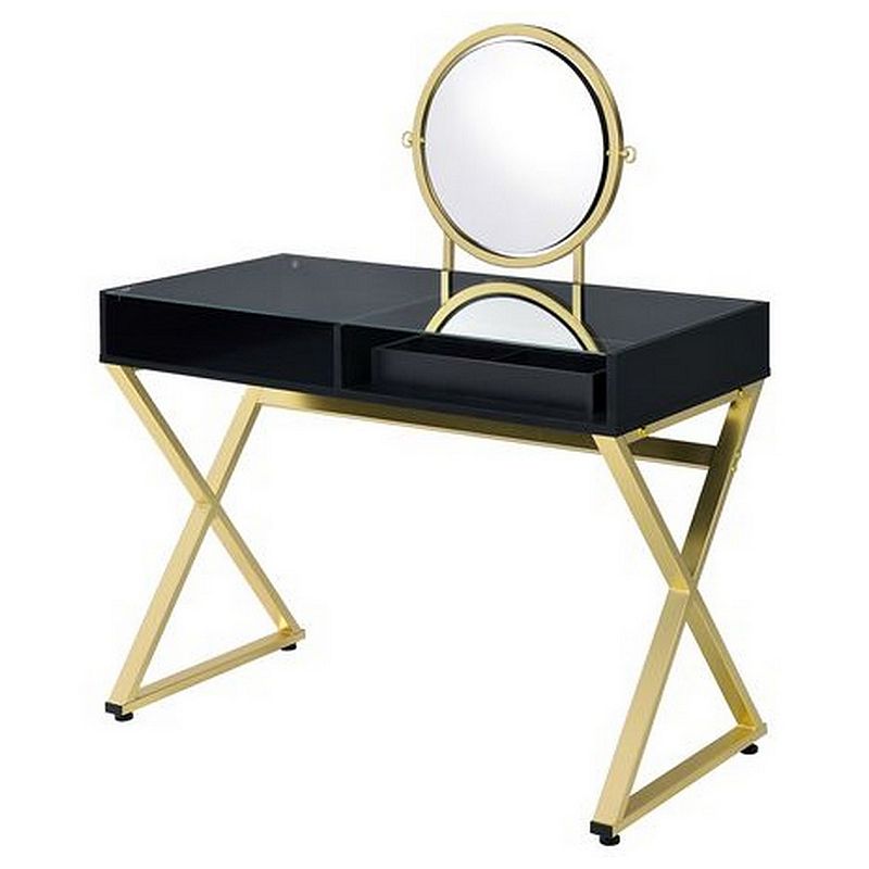 Vanity Desk with Round Mirror and Cross Metal Legs， Black and Gold