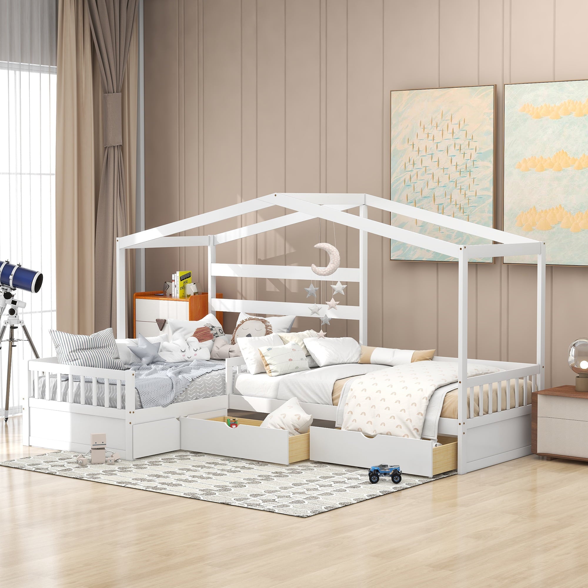 Wood Twin Double House Bed with Three Drawers for Kids, White