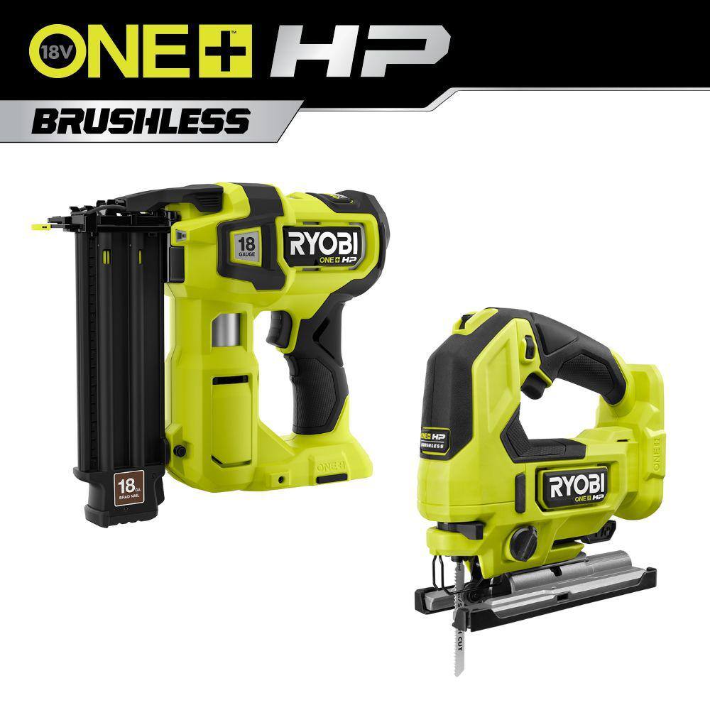 RYOBI ONE+ HP 18V 18-Gauge Brushless Cordless AirStrike Brad Nailer with ONE+ HP 18V Brushless Cordless Jig Saw (Tools Only) P322-PBLJS01B