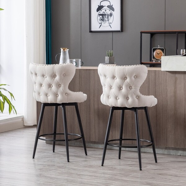 Counter Height Linen Bar Stools with Cupreous Nailhead，Set of 2