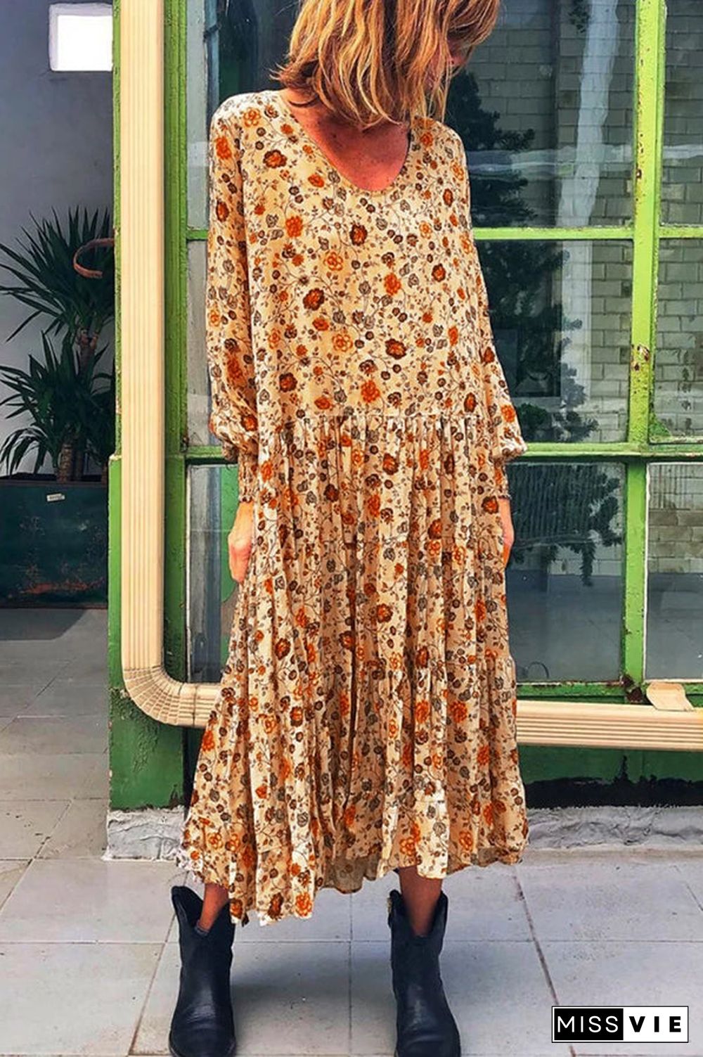 Ruffled Floral Scoop Long Swing Dress