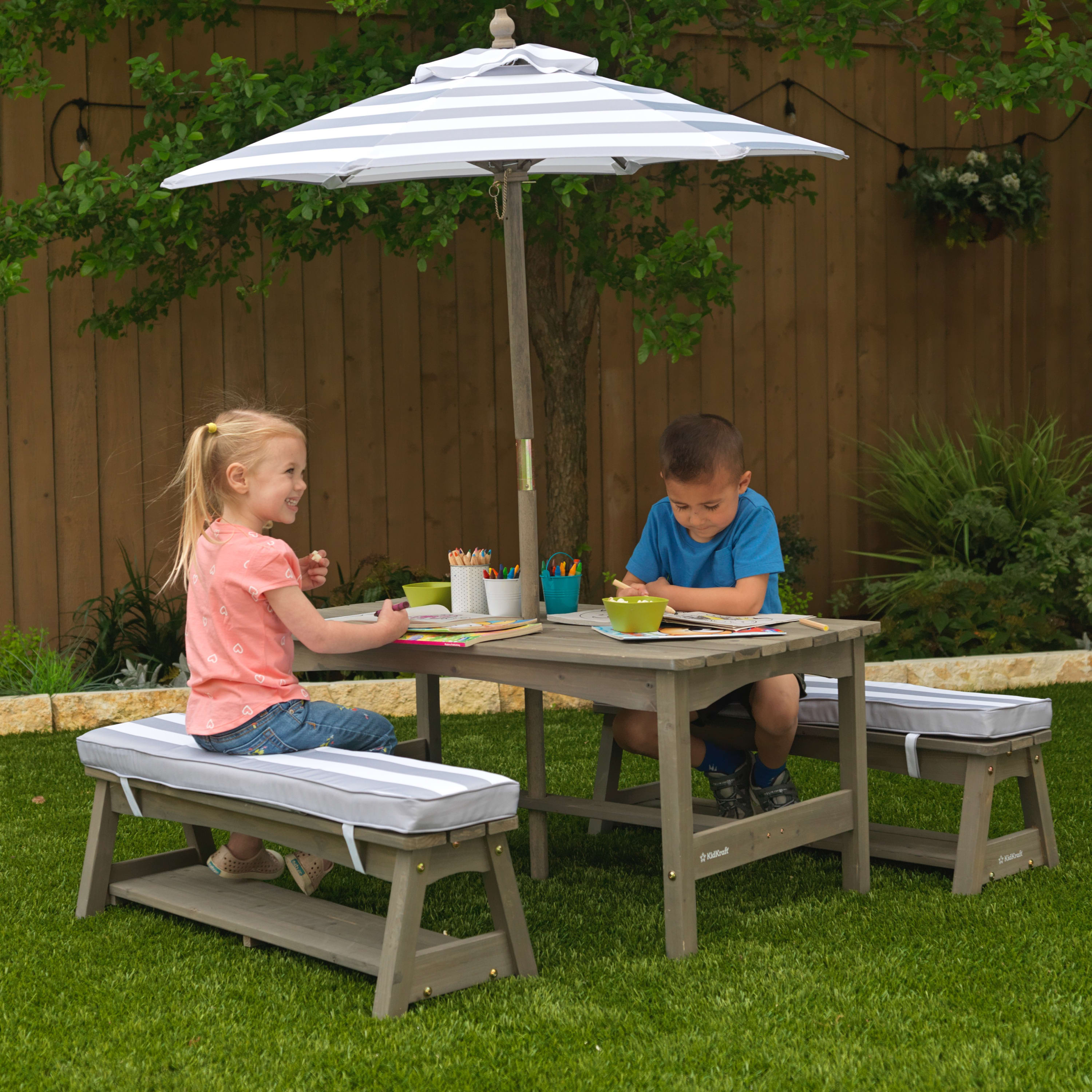 KidKraft Outdoor Table & Bench Set with Cushions and Umbrella, Gray and White Stripes