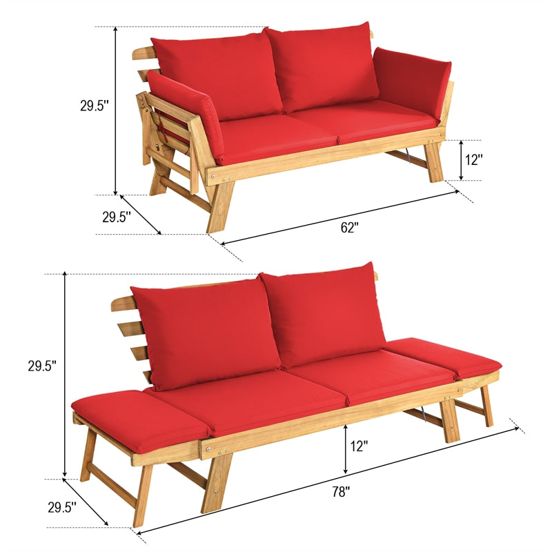 Acacia Wood Patio Daybed Convertible Couch Sofa Bed, Outdoor Folding Chaise Lounge Bench with Adjustable Armrest