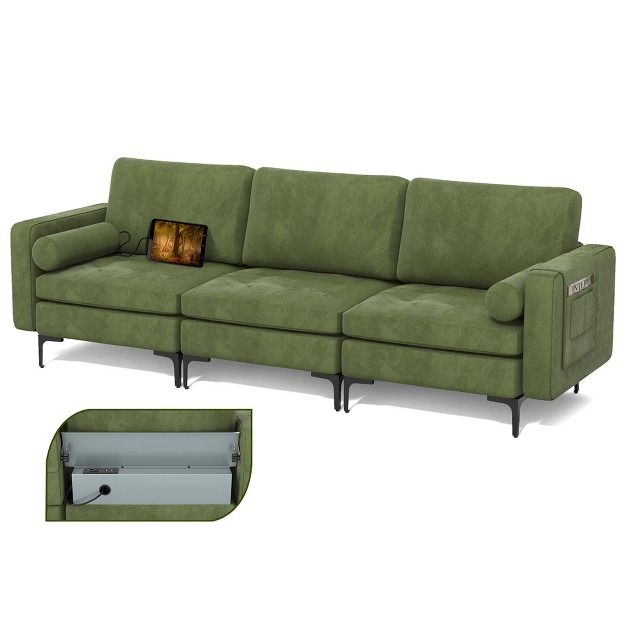 Costway Modular 3 seat Sofa Couch W Socket Usb Ports amp Side Storage Pocket Army Green