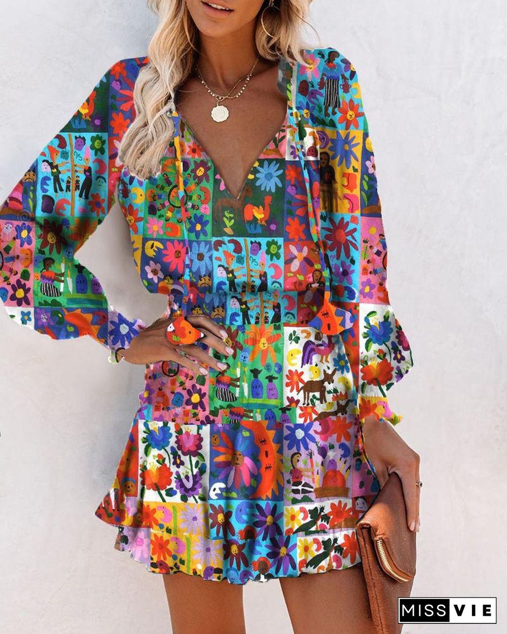 All Over Print Skinny Waist Long Sleeve Mini Dress P10042