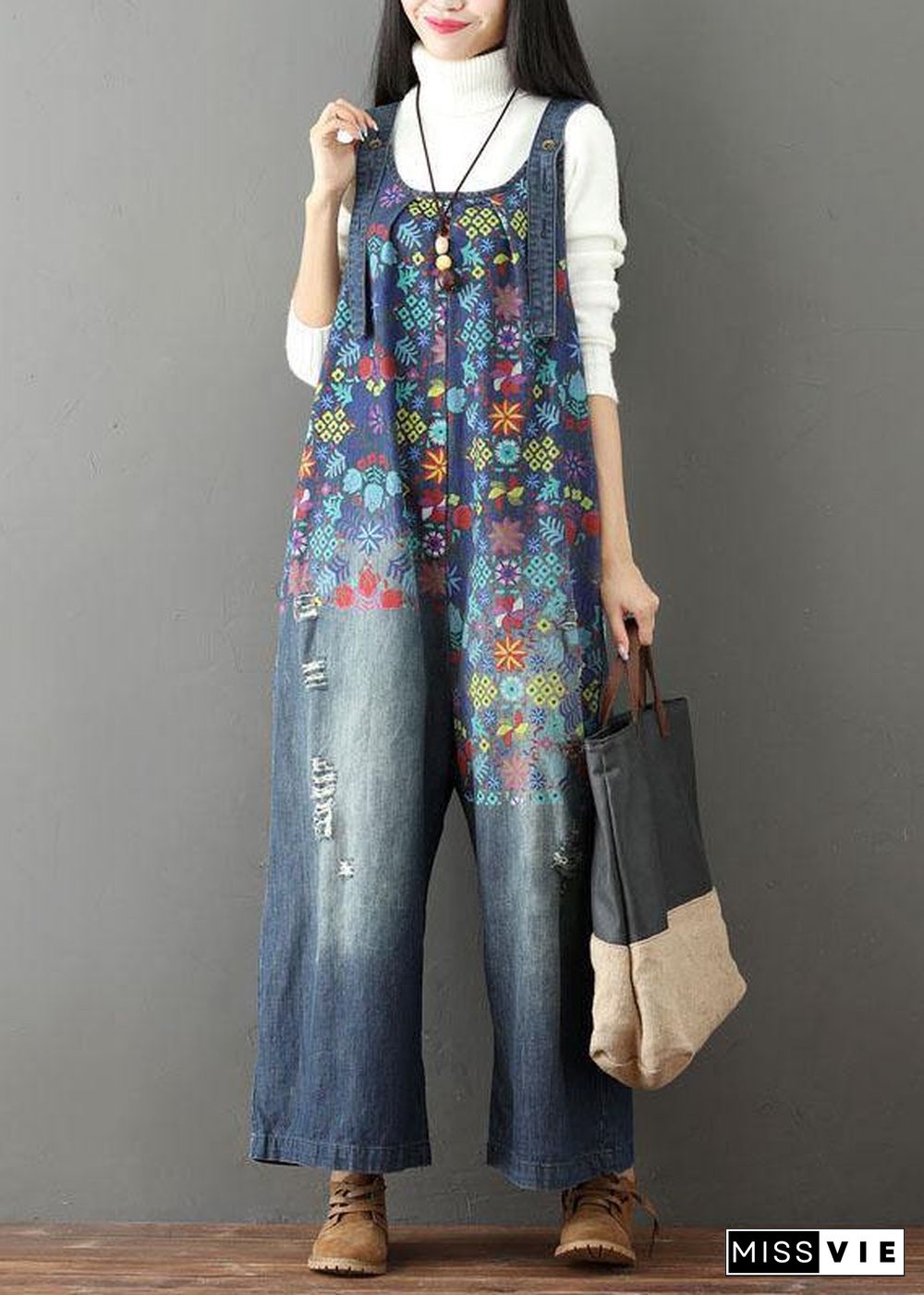 Elegant Blue Casual Print Wide Leg Fall Romper Denim