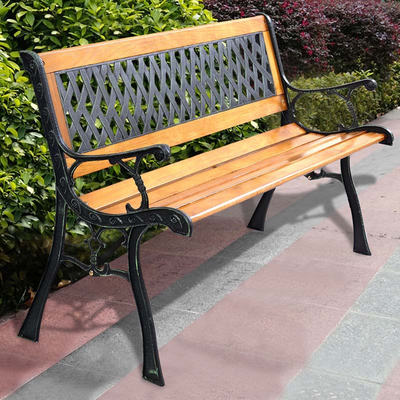 Large Cast Iron Outdoor Bench Seat, Weatherproof Wooden Garden Bench for Patio Park Porch