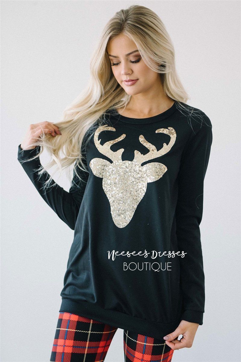 Gold Sequin Sparkly Reindeer Sweater