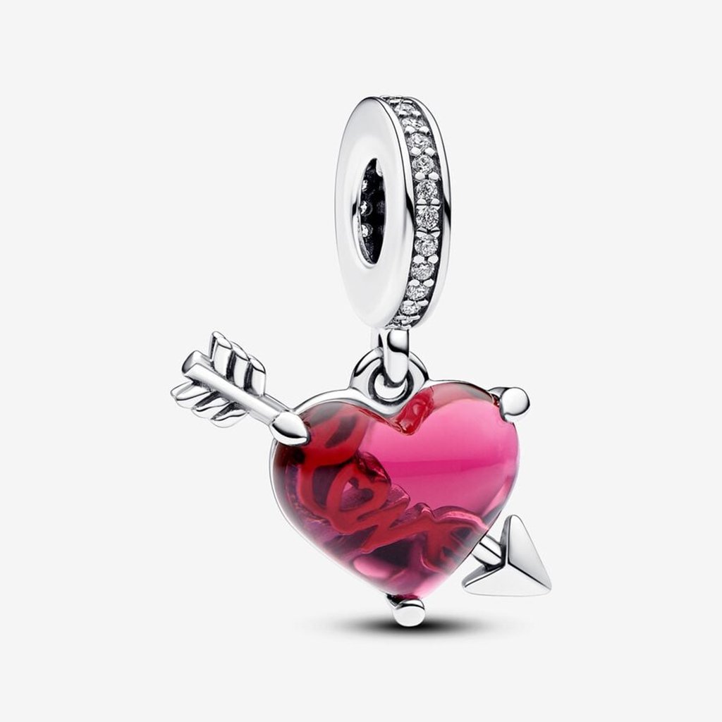 PANDORA  Red Heart & Arrow Murano Glass Dangle Charm in Sterling Silver