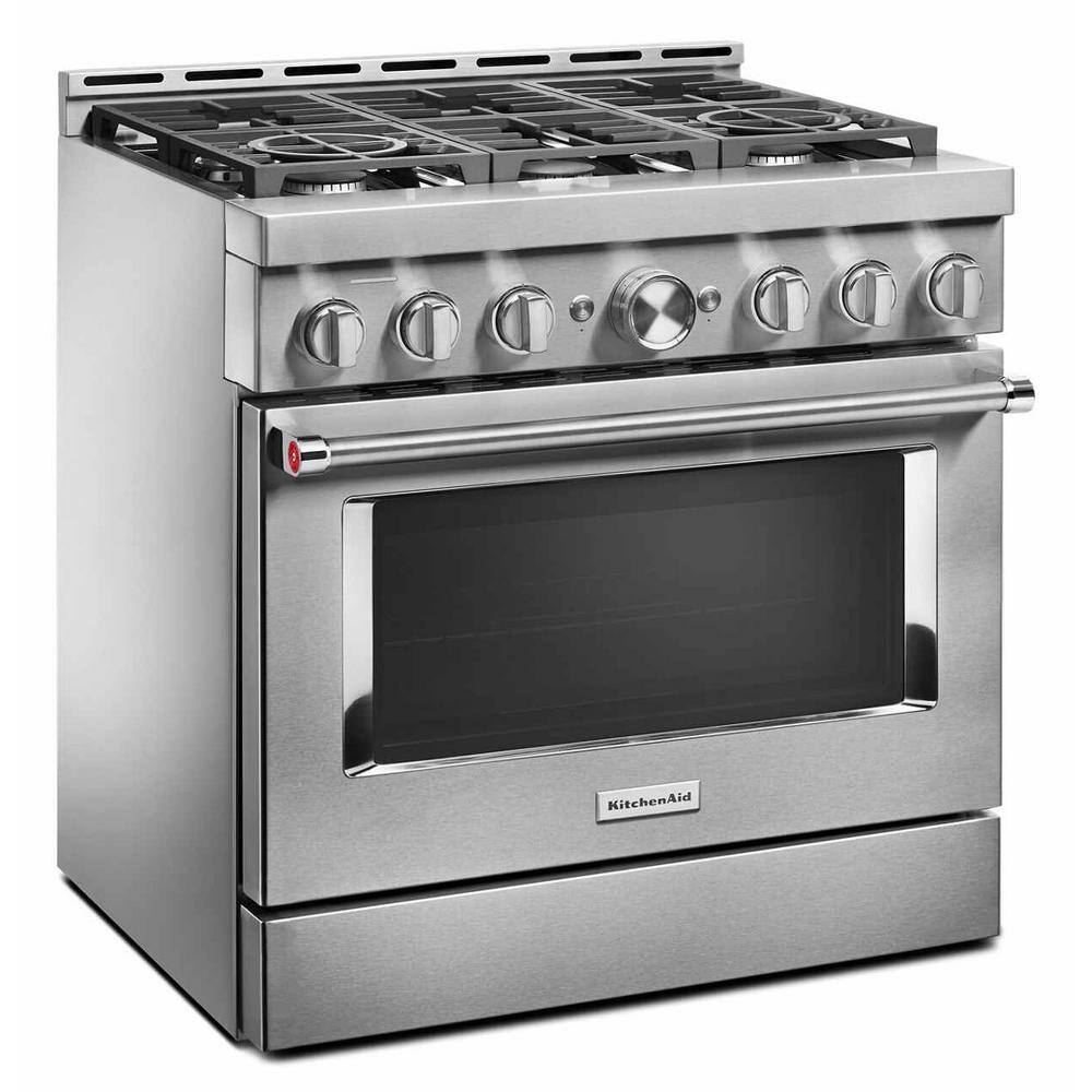 KitchenAid 36 in. 5.1 cu. ft. Smart Commercial-Style Gas Range with Self-Cleaning and True Convection in Stainless Steel KFGC506JSS