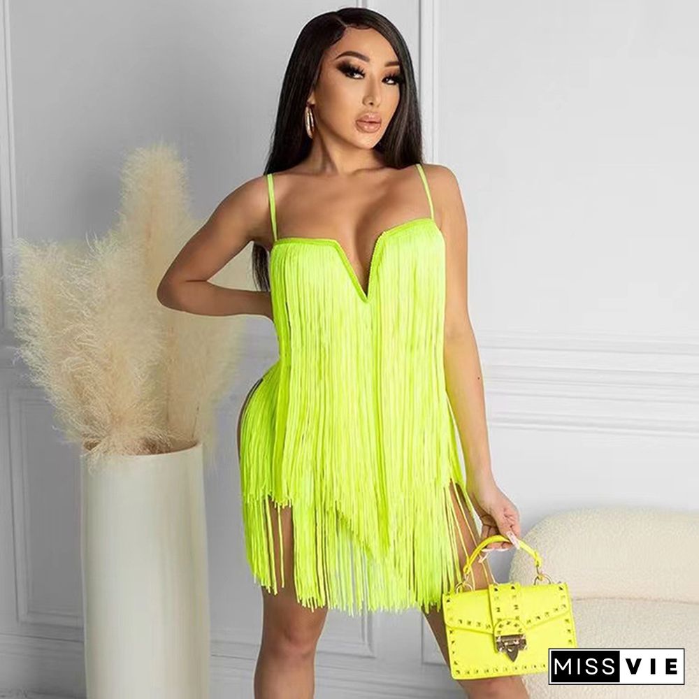 Sexy Solid Color Club Tassel Fringe V Neck Bodycon Mini Dress