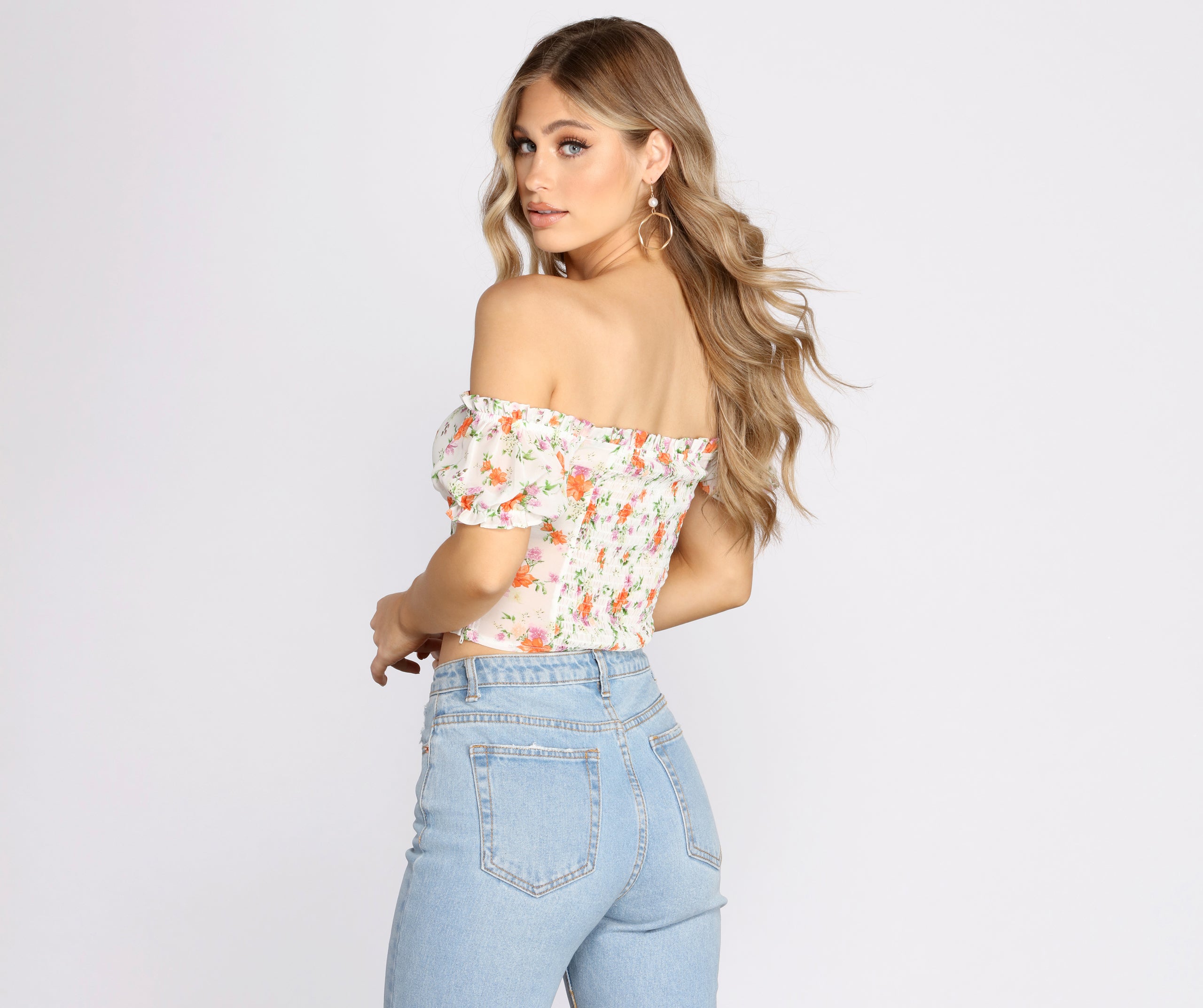 Flower Move Tie Front Off Shoulder Crop Top