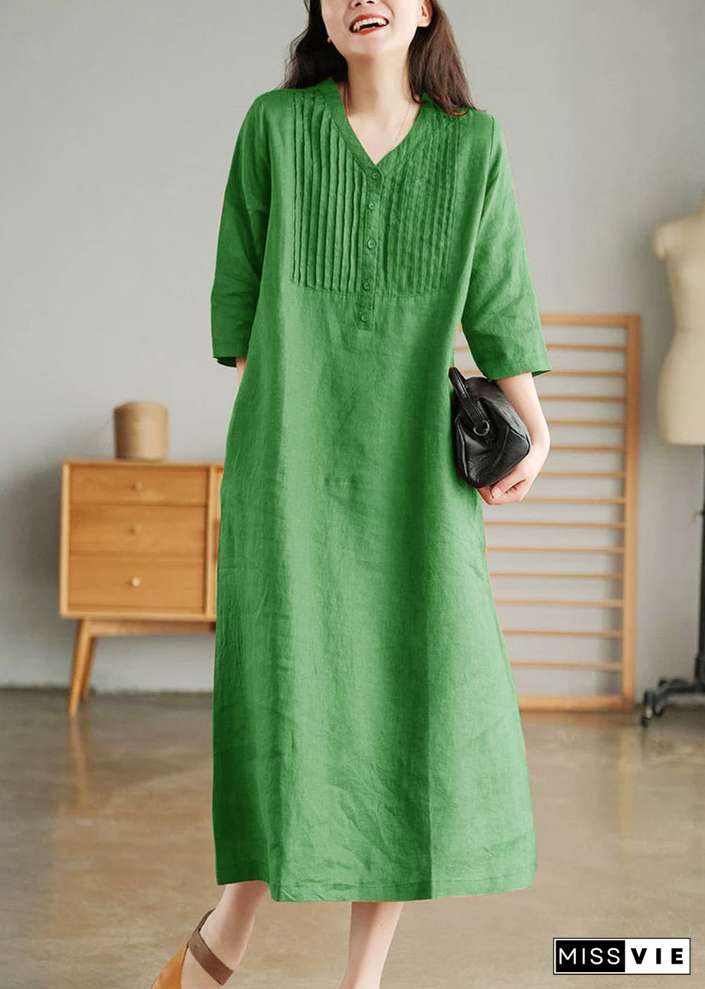 Blue Print10 Loose Linen Long Dresses Button Solid Half Sleeve