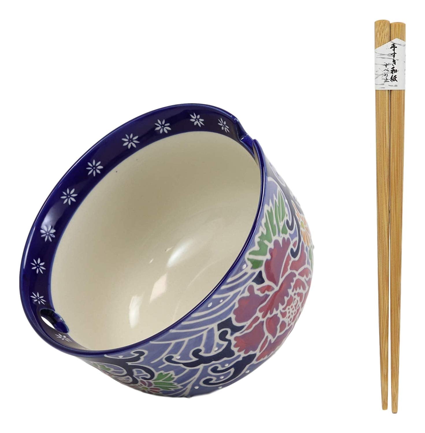 Blue Floral Breeze Ramen Noodles Large 6.25D Pho Soup Bowl With Chopsticks Set