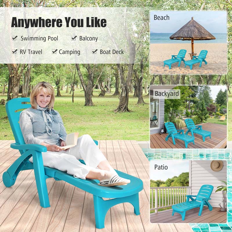 Rolling Folding Plastic Pool Lounge Chair with Armrests, 5-Position Outdoor Sun Lounger Patio Deck Chair Beach Chair