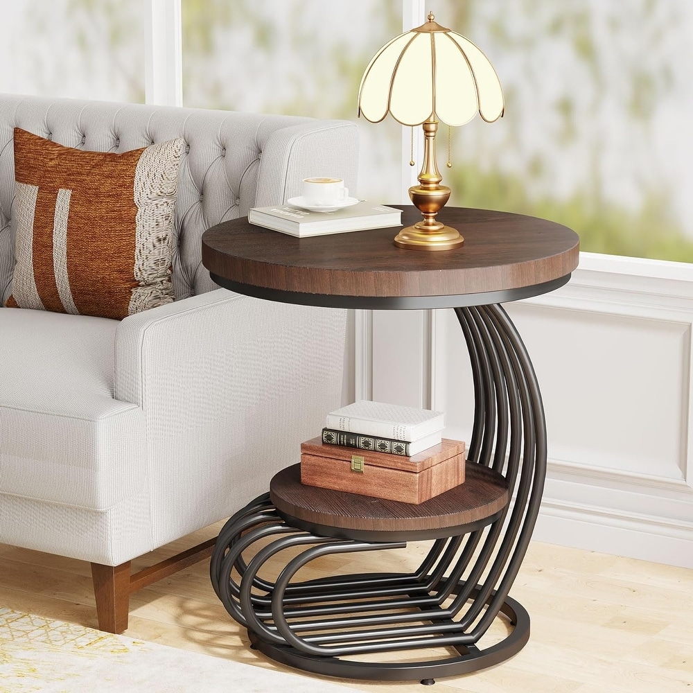 2 Tiers Round End Table  Side Table with Storage Shelf for Living Room