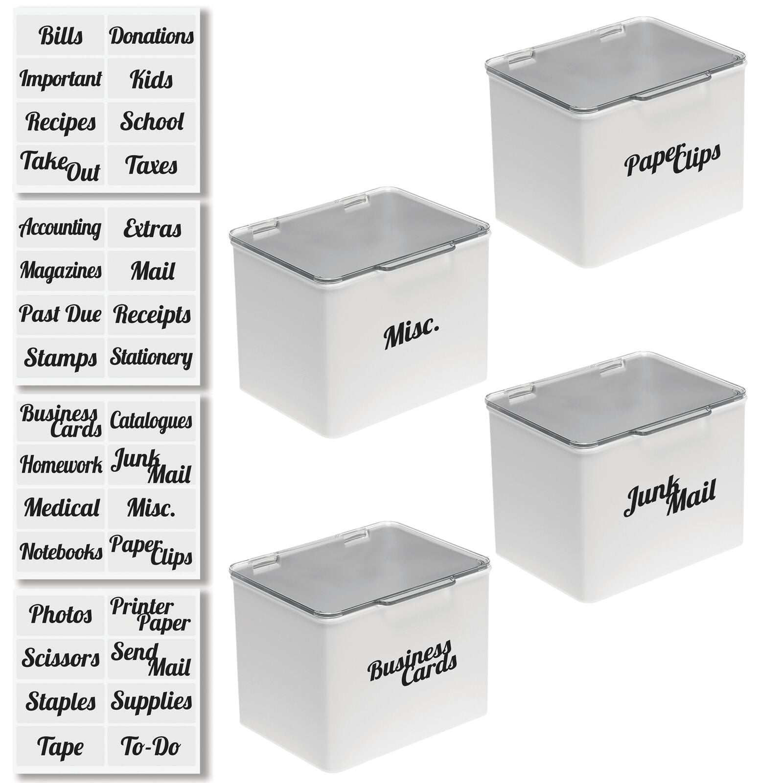 mDesign Plastic Stackable Home, Office Supplies Storage Organizer Box with Hinged Lid - for Note Pads, Gel Pens, Staples, Dry Erase Markers, Tape - Tall, Pack of 4, 32 Labels - Light Gray/Clear