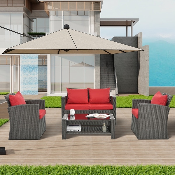 Outdoor Patio Furniture Rattan Outdoor Sofa Set Tempered Glass Table 4 Pillows Shelves Storage Waterproof Fabric