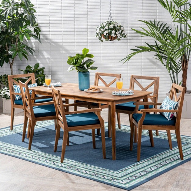 Llando 7 pc Acacia Wood Dining Set Teak blue Christopher Knight Home