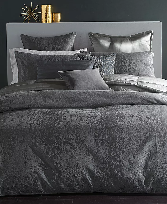 Donna Karan Home Moonscape Reversible Textured Jacquard Charcoal Full Queen Duvet Cover