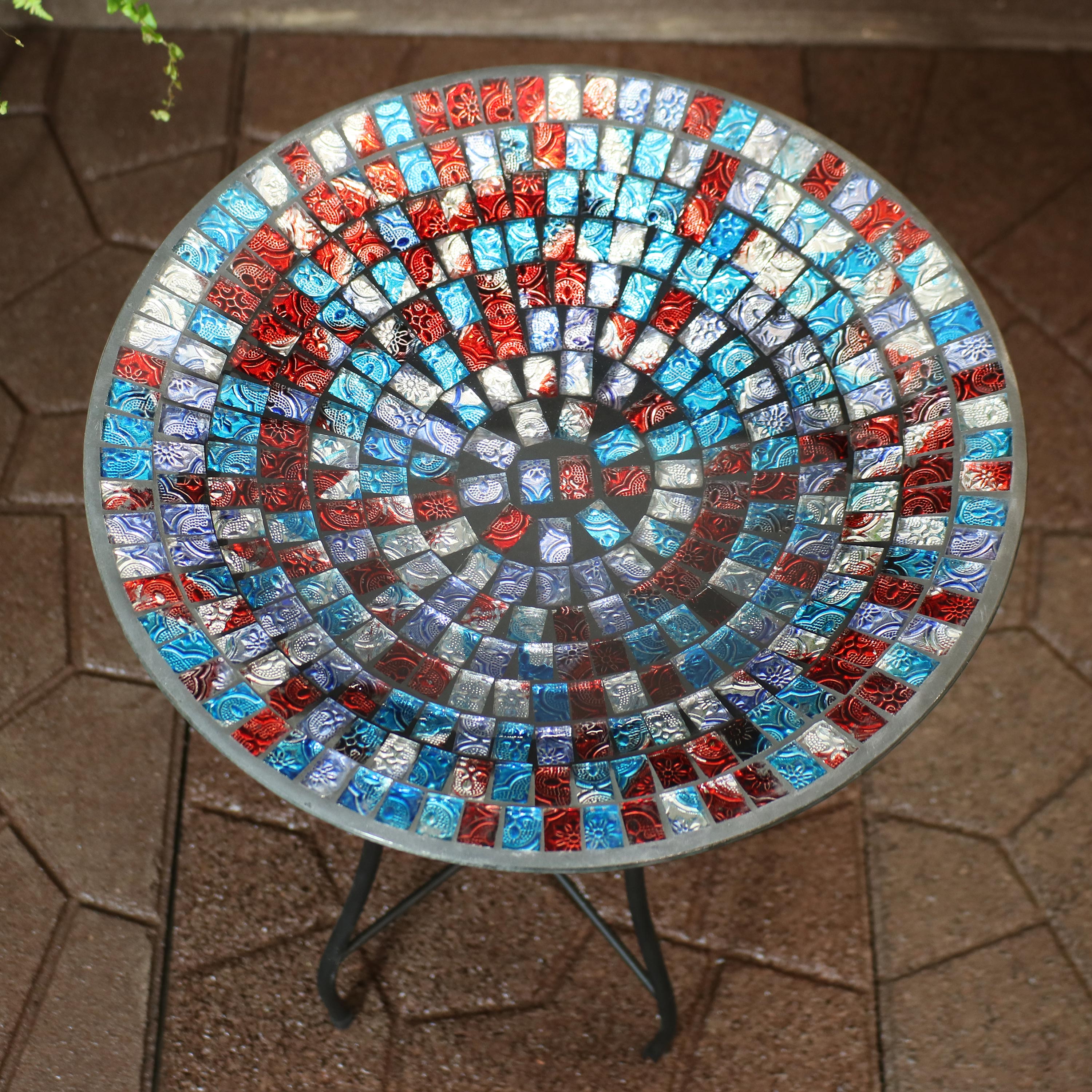 Sunnydaze Outdoor Garden Patio Bird Bath with Metal Stand and Multi-Colored Mosaic Tile Design Bowl - 14"