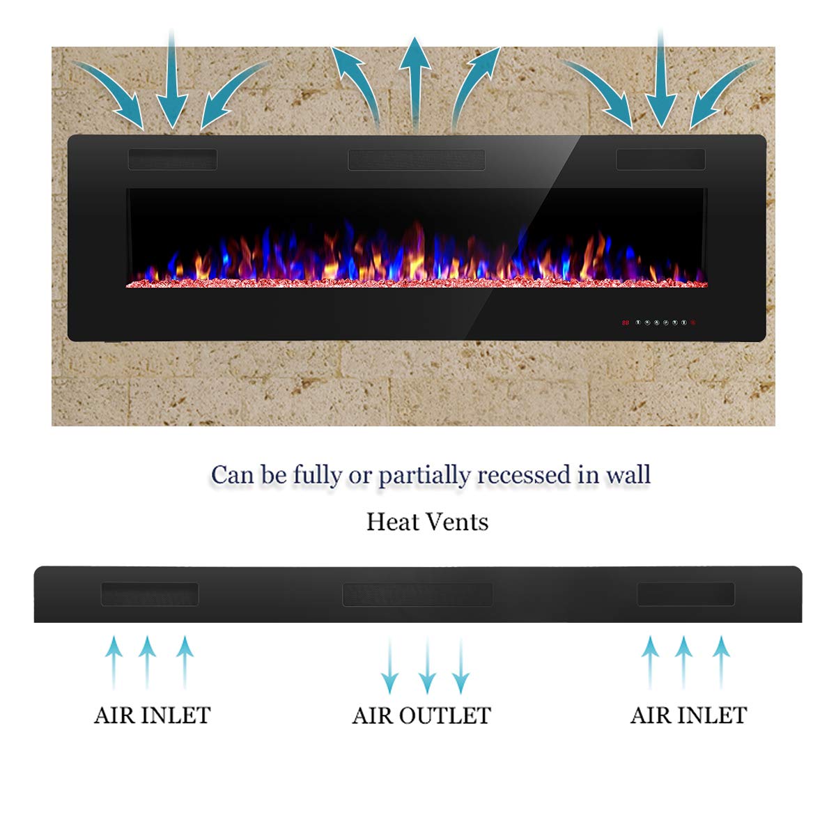 YUKOOL 60" Electric Fireplace Recessed and Wall Mounted,Touch Screen,Remote