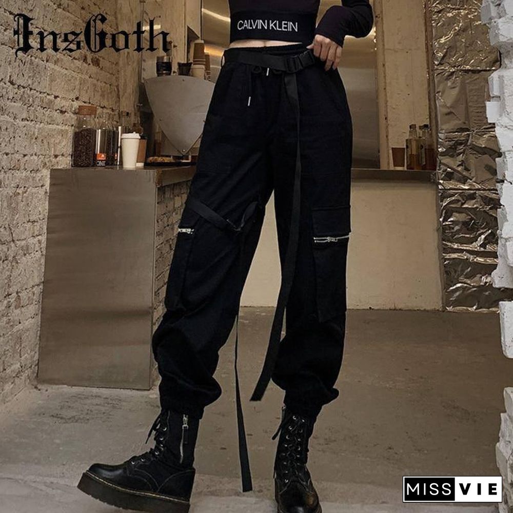 InsGoth Black High Waist Cargo Pants Women Harajuku Streetwear Casual  Joggers Long Pants With Belts Female Loose Korean Style