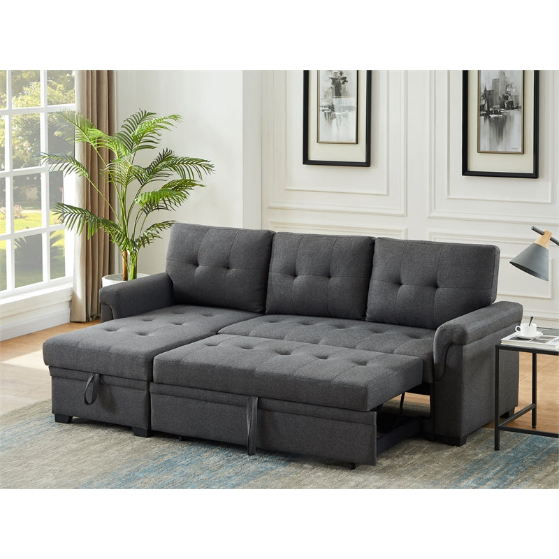 Pemberly Row Linen Fabric Reversible Sleeper Sofa Storage Chaise in Gray