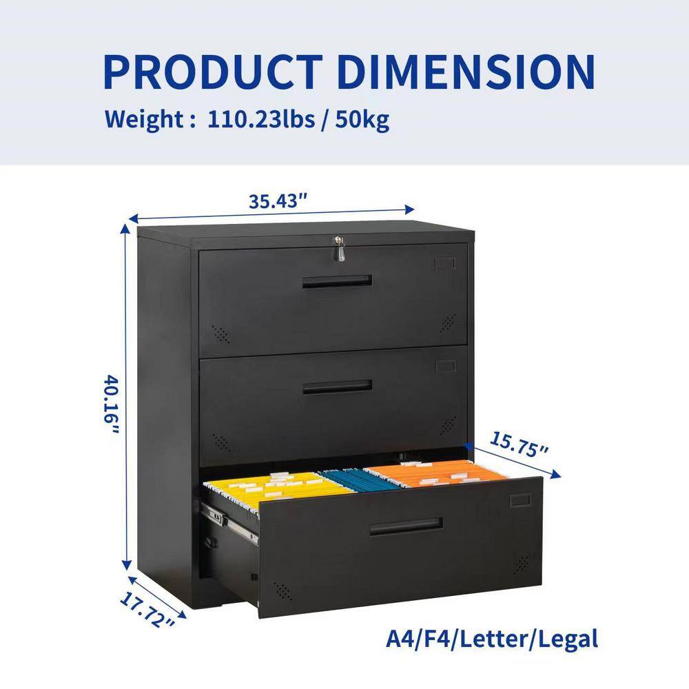 Tenleaf Black 3 Drawer Lateral Filing Cabinet for LegalLetter A4 Size Large Deep Drawers Locked by Keys SXB262864