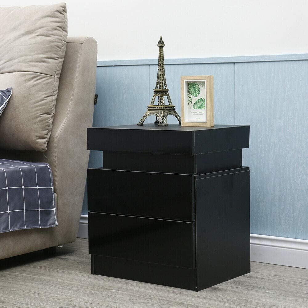 Modern Night Stand with LED Light, 2 Drawer Storage End Table Bedroom Storage Bedside Black