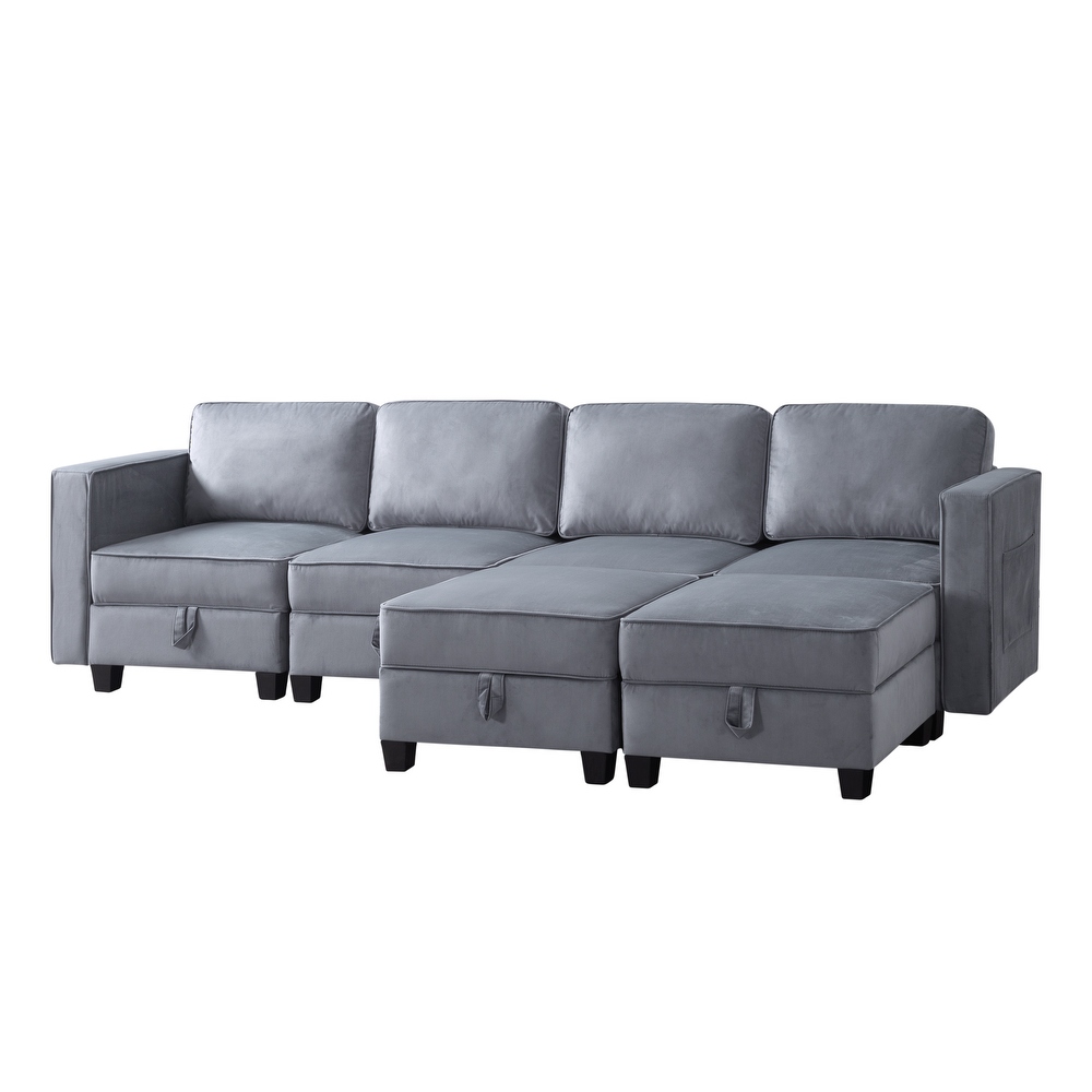 Velvet 116'' Square Arm Sectional Sofa 6 Seater Living Room Sofa with Multiple Storage Spaces and Adjustable Backrest