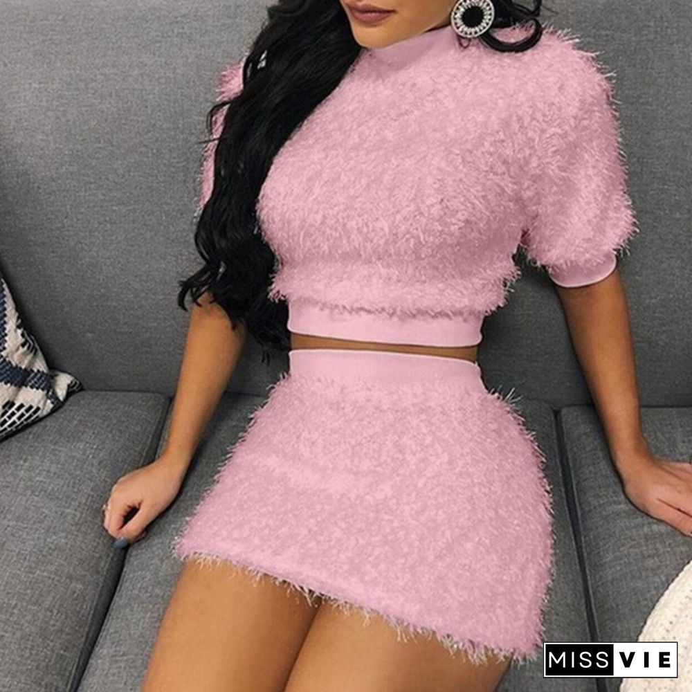 Women Fashion Fur Crop Top And Skirt Set Women Winter Autumn Casual Short Sleeve T Shirt + Bodycon Skirts Two Piece Sets Outfits