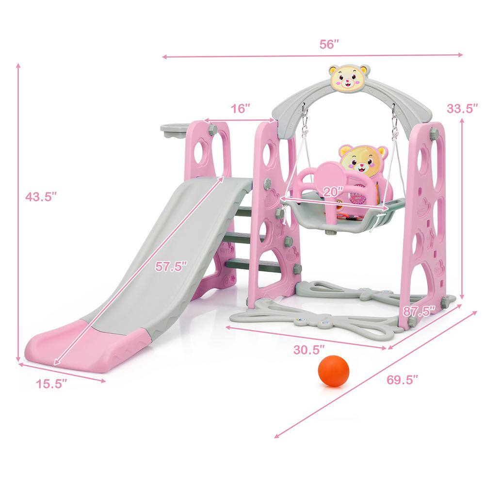 Costway 4-in-1 Toddler Climber and Swing Set with Basketball Hoop and Ball Pink TY327417PI