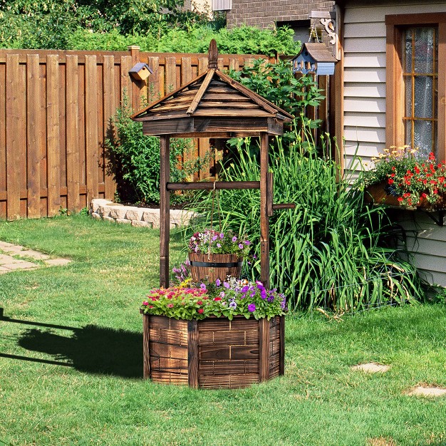 Costway Wooden Wishing Well Hexagonal Bucket Flower Plants Planter Patio Garden Decor